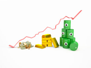 Finanzprodukte 3D Diagramm mit Währung, Gold, Öl